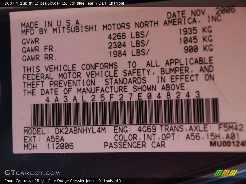 Still Blue Pearl / Dark Charcoal 2007 Mitsubishi Eclipse Spyder GS