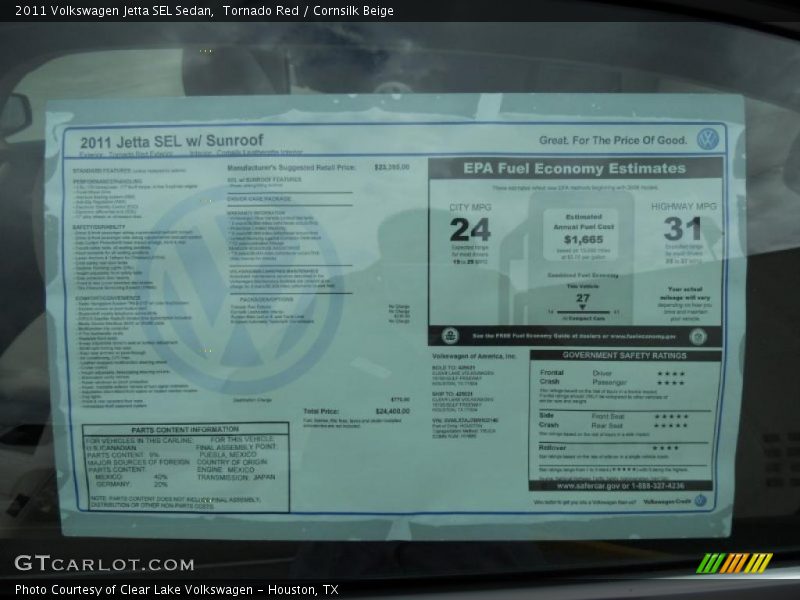 Tornado Red / Cornsilk Beige 2011 Volkswagen Jetta SEL Sedan