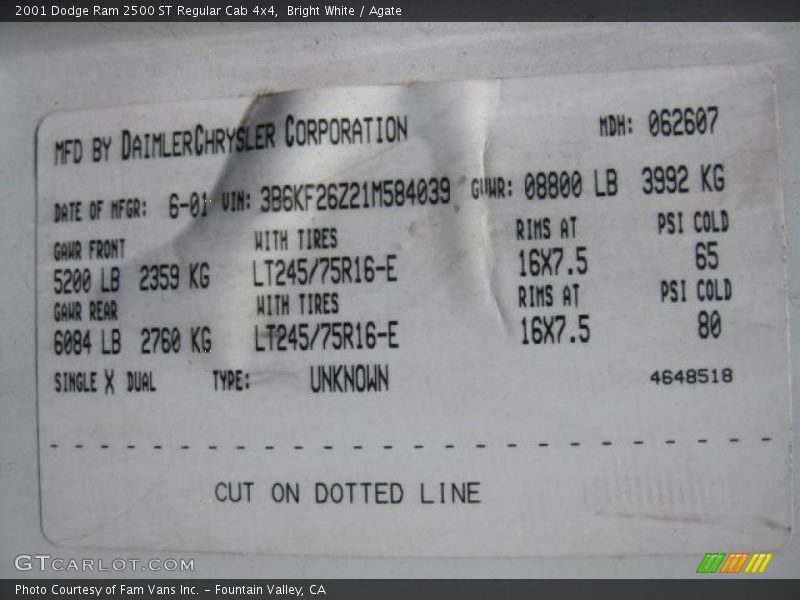 Bright White / Agate 2001 Dodge Ram 2500 ST Regular Cab 4x4