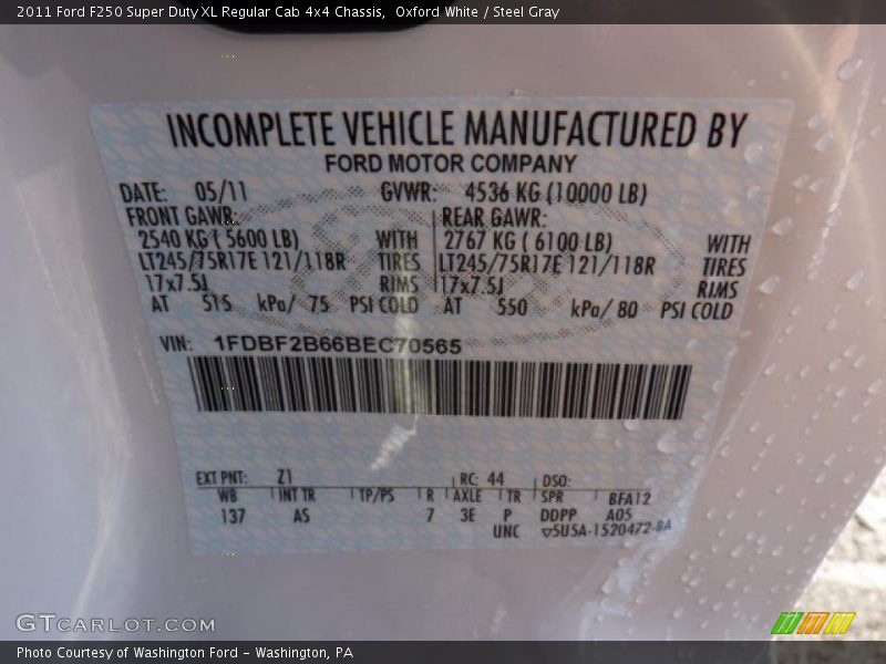 2011 F250 Super Duty XL Regular Cab 4x4 Chassis Oxford White Color Code Z1