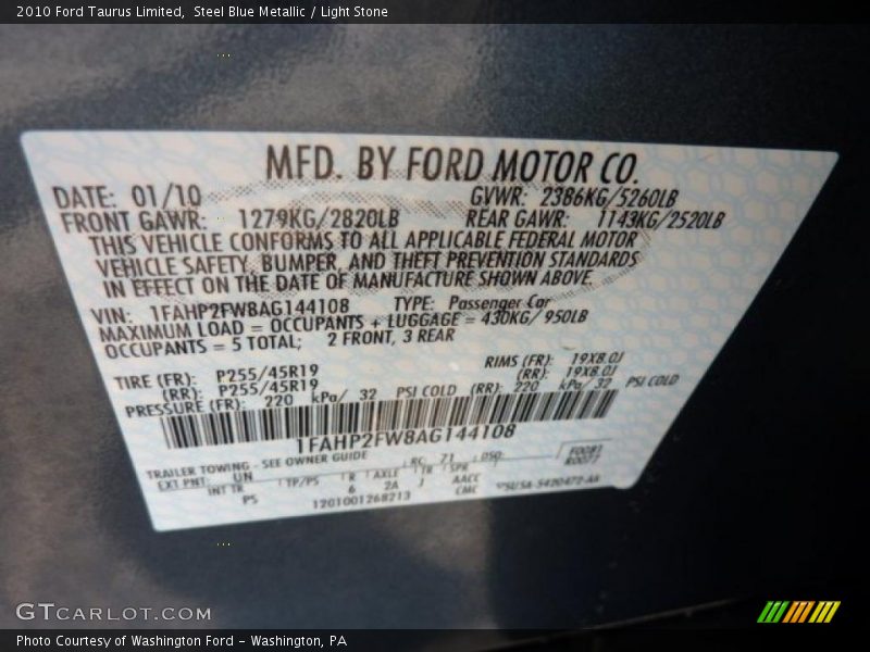 Steel Blue Metallic / Light Stone 2010 Ford Taurus Limited