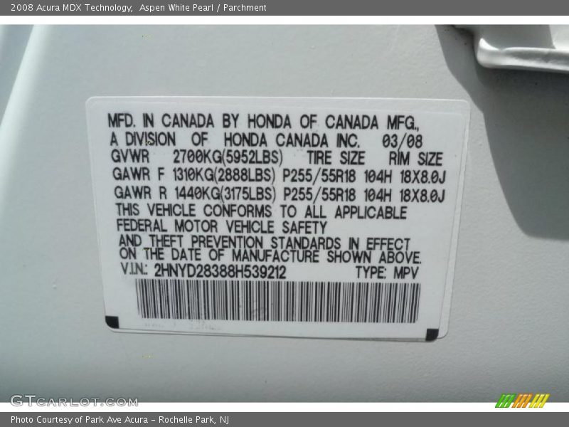 Aspen White Pearl / Parchment 2008 Acura MDX Technology