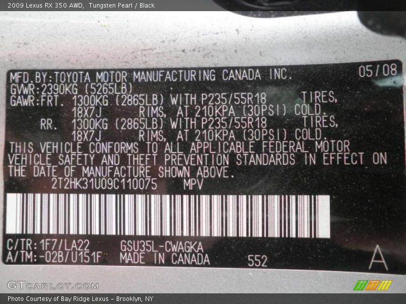 Tungsten Pearl / Black 2009 Lexus RX 350 AWD