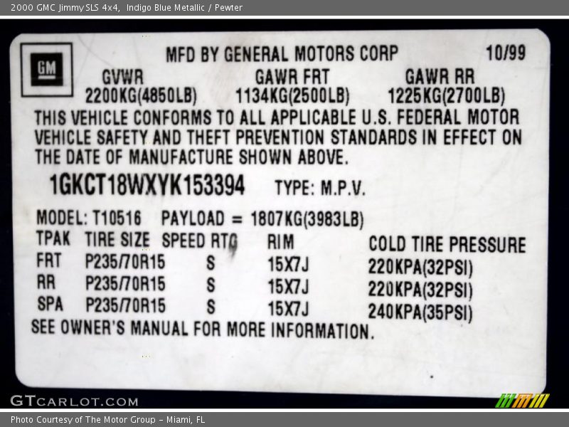 Info Tag of 2000 Jimmy SLS 4x4