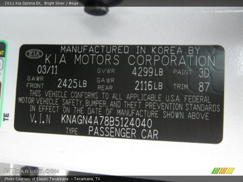 Bright Silver / Beige 2011 Kia Optima EX