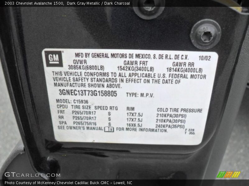 Dark Gray Metallic / Dark Charcoal 2003 Chevrolet Avalanche 1500