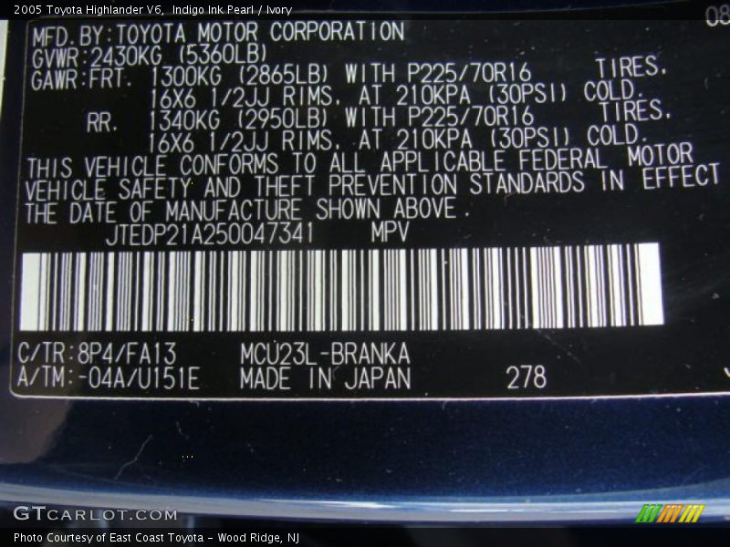 Indigo Ink Pearl / Ivory 2005 Toyota Highlander V6