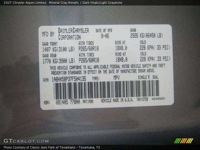 2007 Aspen Limited Mineral Gray Metallic Color Code PDM