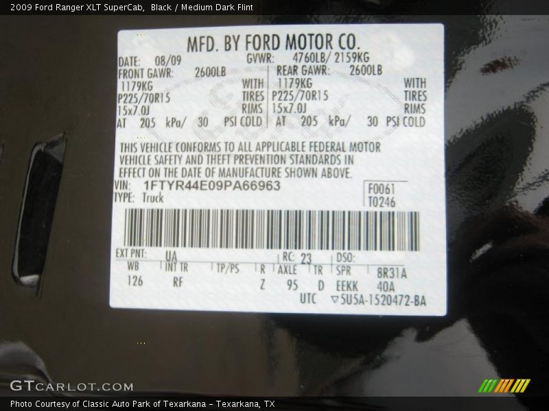 2009 Ranger XLT SuperCab Black Color Code UA