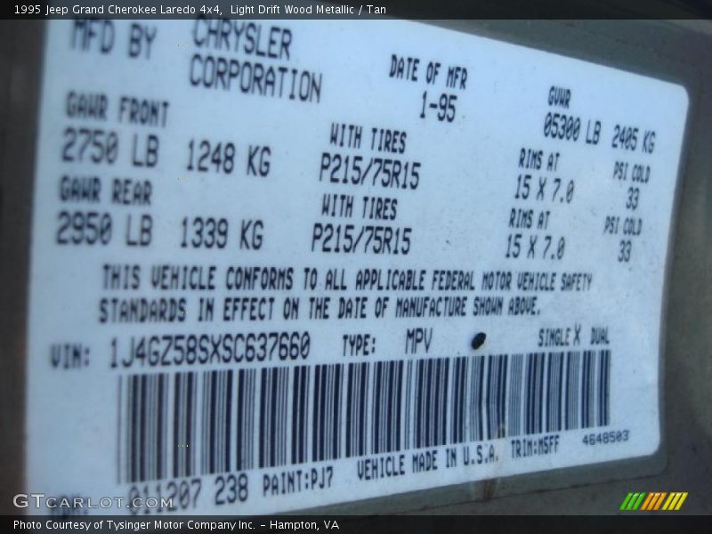 Light Drift Wood Metallic / Tan 1995 Jeep Grand Cherokee Laredo 4x4