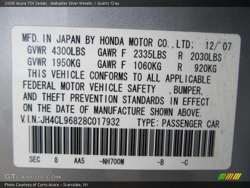 Alabaster Silver Metallic / Quartz Gray 2008 Acura TSX Sedan