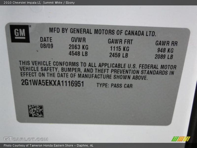 Summit White / Ebony 2010 Chevrolet Impala LS