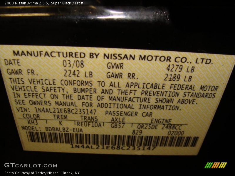 Super Black / Frost 2008 Nissan Altima 2.5 S