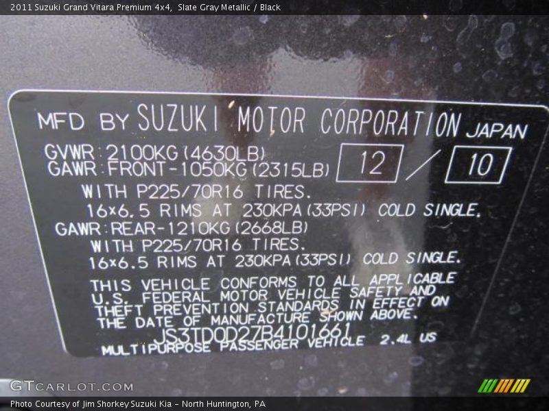 Slate Gray Metallic / Black 2011 Suzuki Grand Vitara Premium 4x4