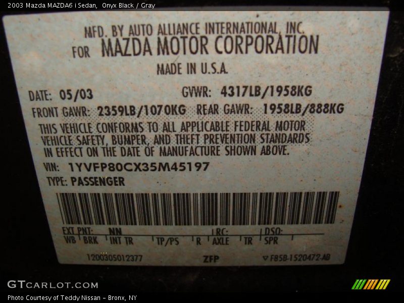 Onyx Black / Gray 2003 Mazda MAZDA6 i Sedan