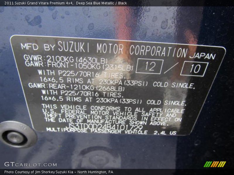Deep Sea Blue Metallic / Black 2011 Suzuki Grand Vitara Premium 4x4