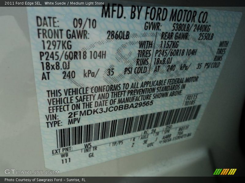 White Suede / Medium Light Stone 2011 Ford Edge SEL