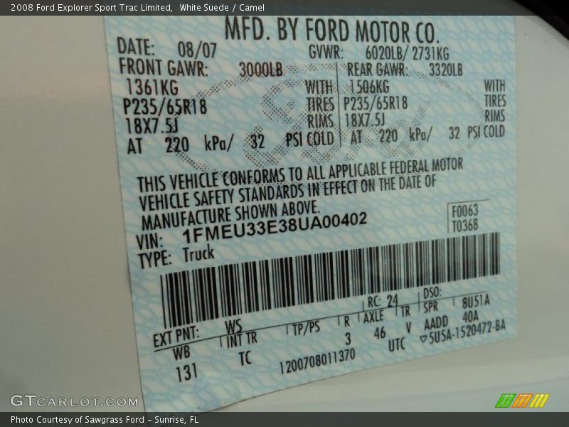 2008 Explorer Sport Trac Limited White Suede Color Code WS