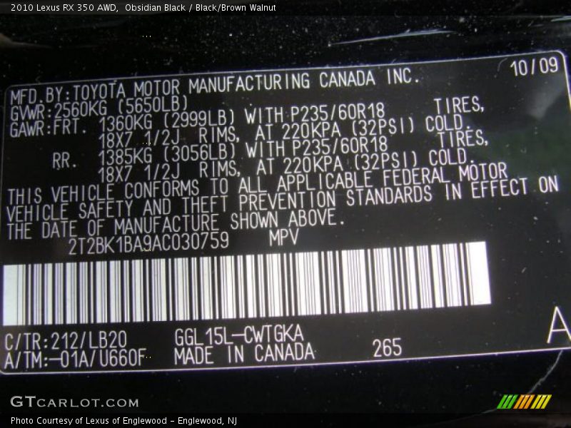 Obsidian Black / Black/Brown Walnut 2010 Lexus RX 350 AWD