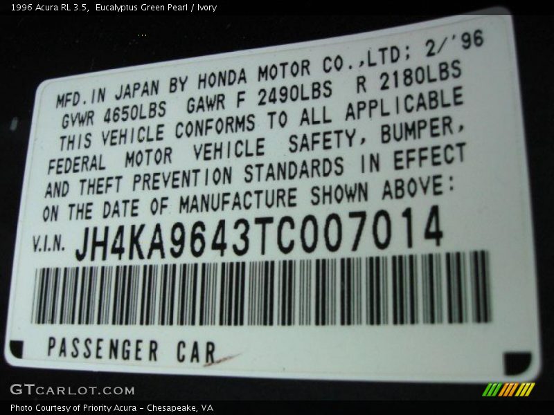 Eucalyptus Green Pearl / Ivory 1996 Acura RL 3.5