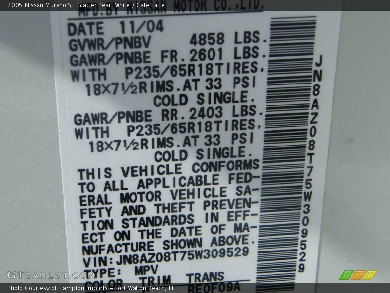 Glacier Pearl White / Cafe Latte 2005 Nissan Murano S