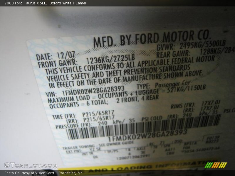 Oxford White / Camel 2008 Ford Taurus X SEL