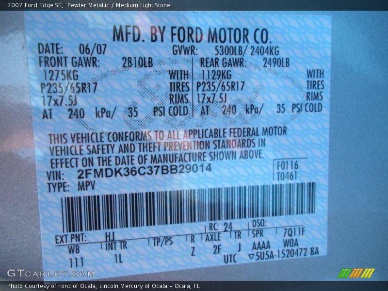 Pewter Metallic / Medium Light Stone 2007 Ford Edge SE