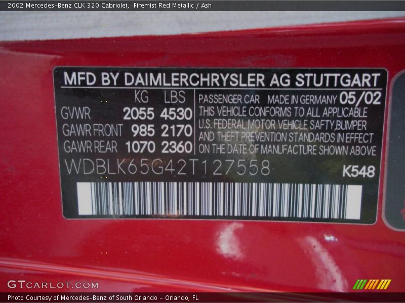 2002 CLK 320 Cabriolet Firemist Red Metallic Color Code 548