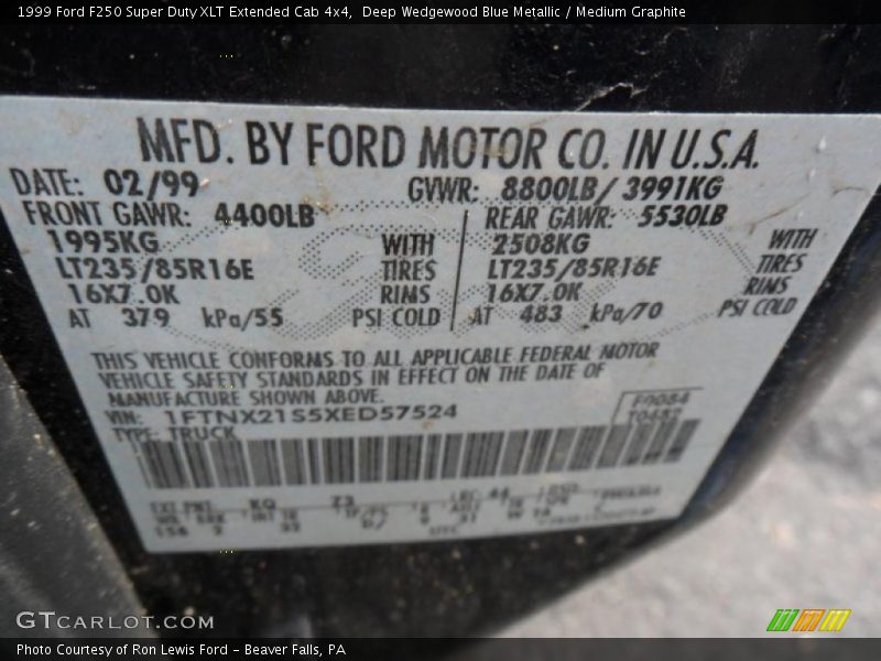 Deep Wedgewood Blue Metallic / Medium Graphite 1999 Ford F250 Super Duty XLT Extended Cab 4x4
