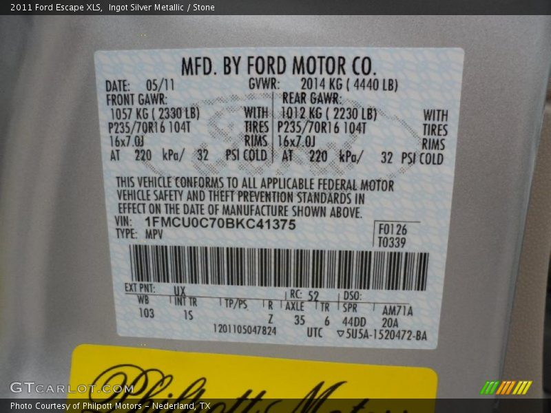 2011 Escape XLS Ingot Silver Metallic Color Code UX
