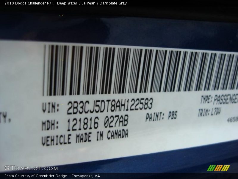 Deep Water Blue Pearl / Dark Slate Gray 2010 Dodge Challenger R/T