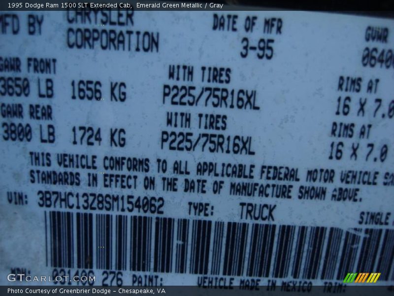 Emerald Green Metallic / Gray 1995 Dodge Ram 1500 SLT Extended Cab