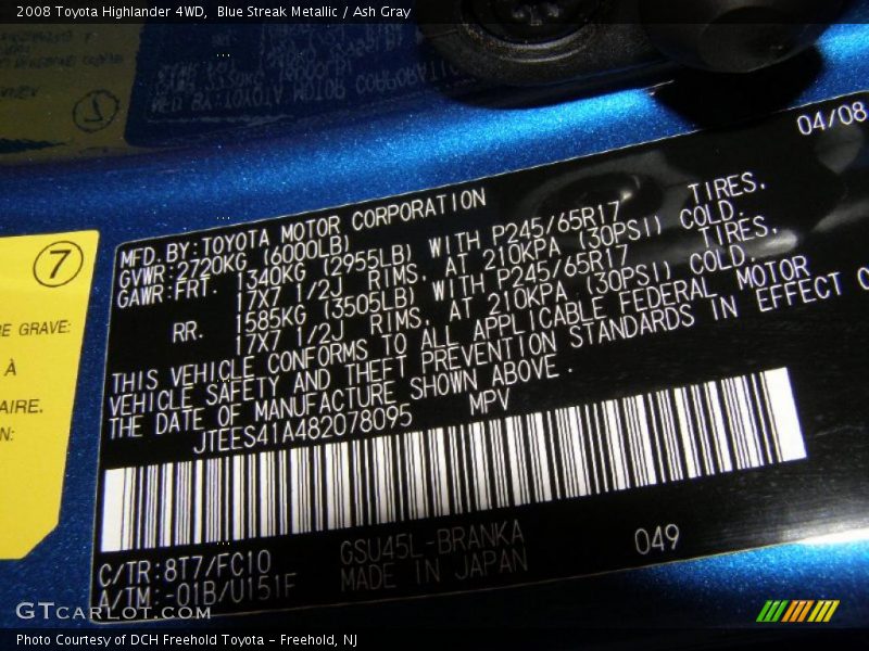 Blue Streak Metallic / Ash Gray 2008 Toyota Highlander 4WD