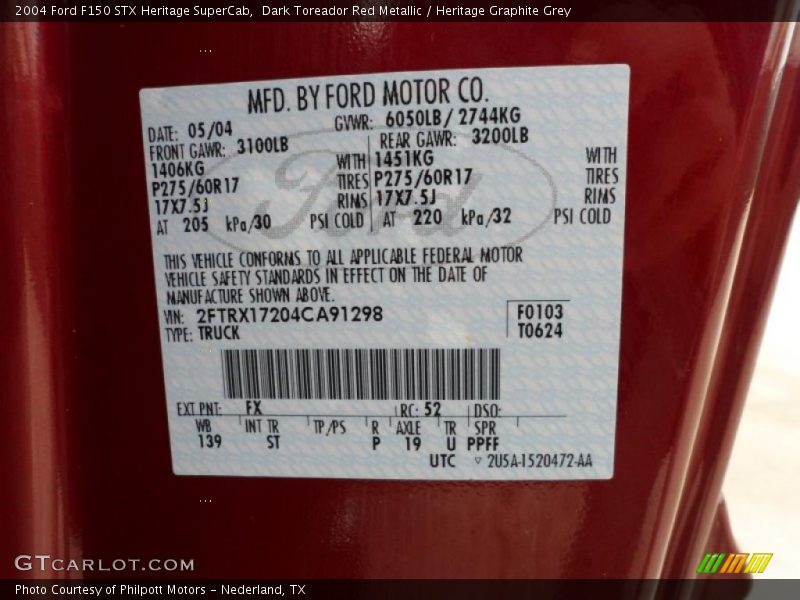 2004 F150 STX Heritage SuperCab Dark Toreador Red Metallic Color Code FX