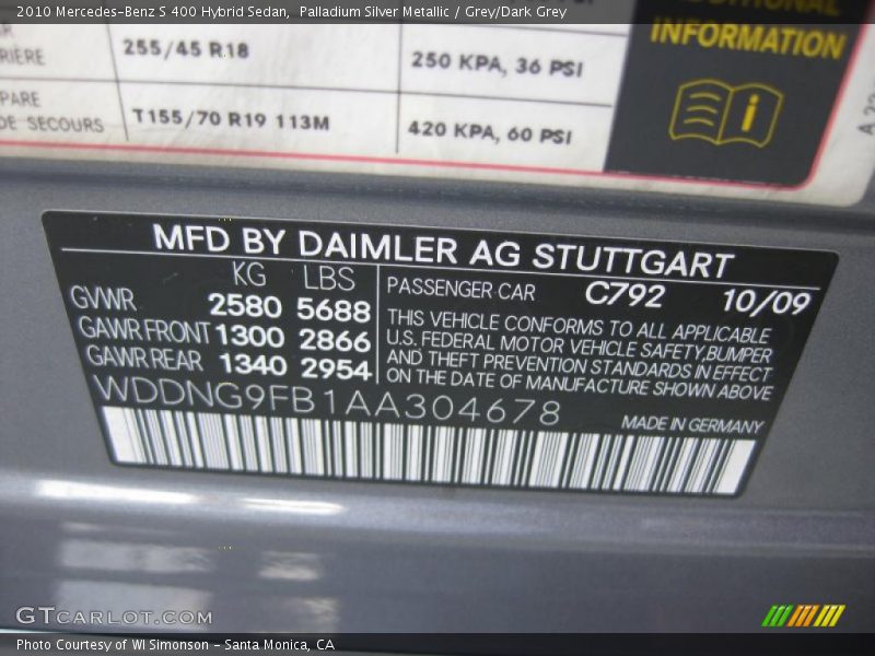 2010 S 400 Hybrid Sedan Palladium Silver Metallic Color Code 792