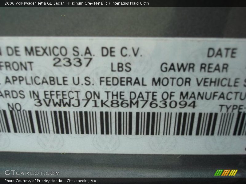 Platinum Grey Metallic / Interlagos Plaid Cloth 2006 Volkswagen Jetta GLI Sedan