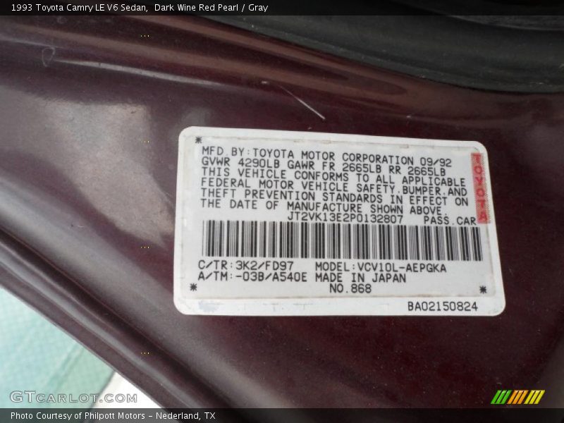Dark Wine Red Pearl / Gray 1993 Toyota Camry LE V6 Sedan