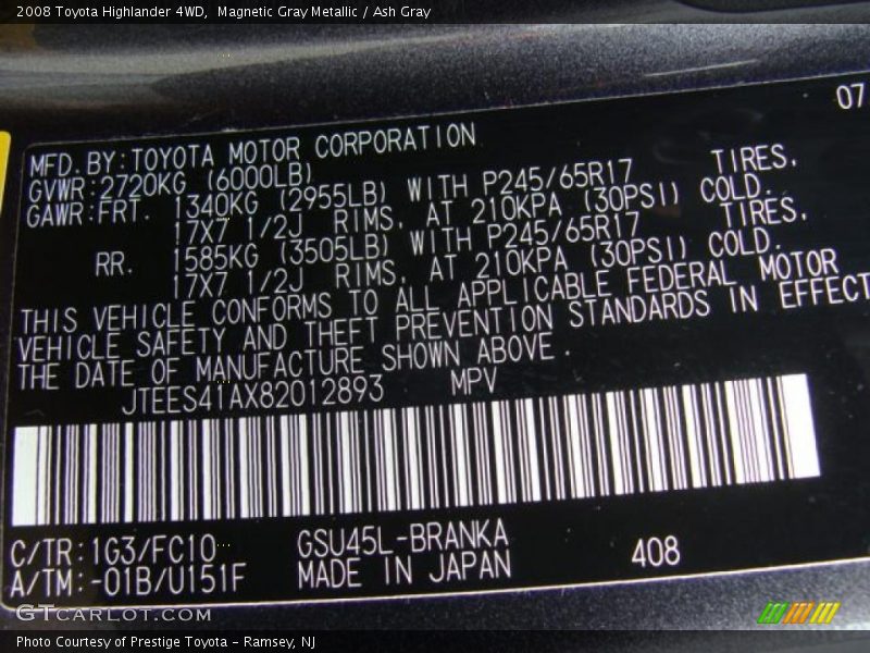 Magnetic Gray Metallic / Ash Gray 2008 Toyota Highlander 4WD