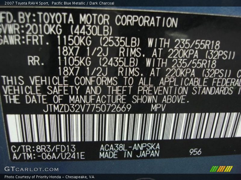 2007 RAV4 Sport Pacific Blue Metallic Color Code 8R3