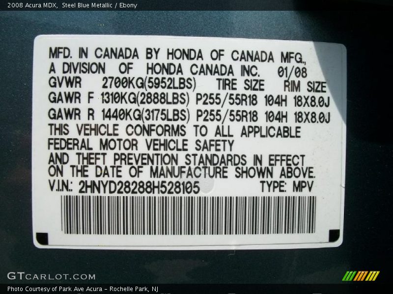 Steel Blue Metallic / Ebony 2008 Acura MDX