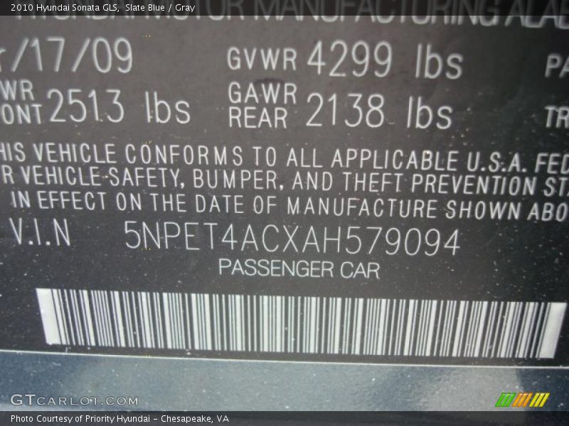 Slate Blue / Gray 2010 Hyundai Sonata GLS
