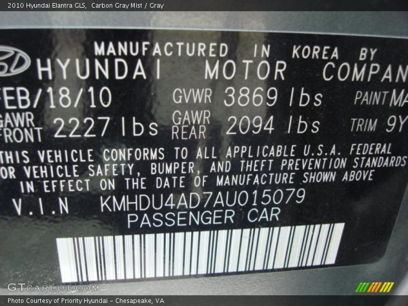 Carbon Gray Mist / Gray 2010 Hyundai Elantra GLS