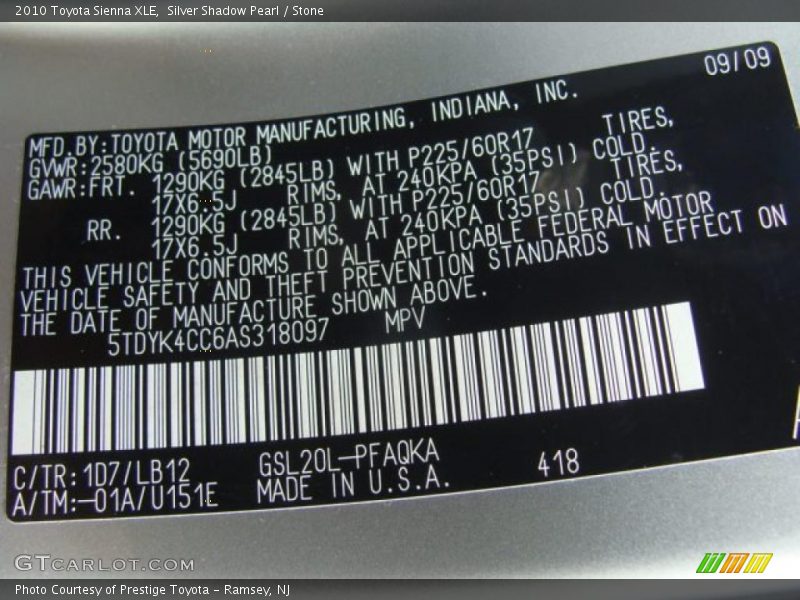 Silver Shadow Pearl / Stone 2010 Toyota Sienna XLE