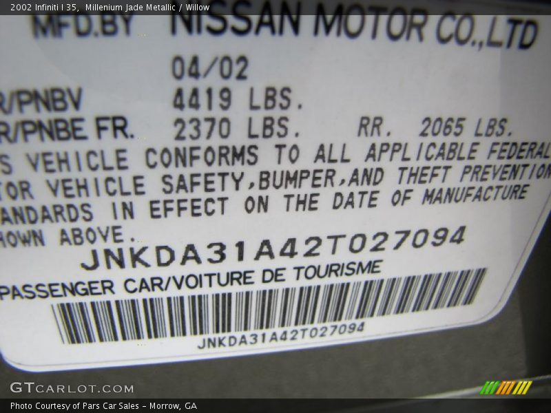 Millenium Jade Metallic / Willow 2002 Infiniti I 35