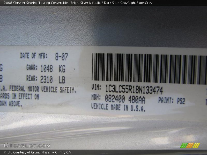 Bright Silver Metallic / Dark Slate Gray/Light Slate Gray 2008 Chrysler Sebring Touring Convertible