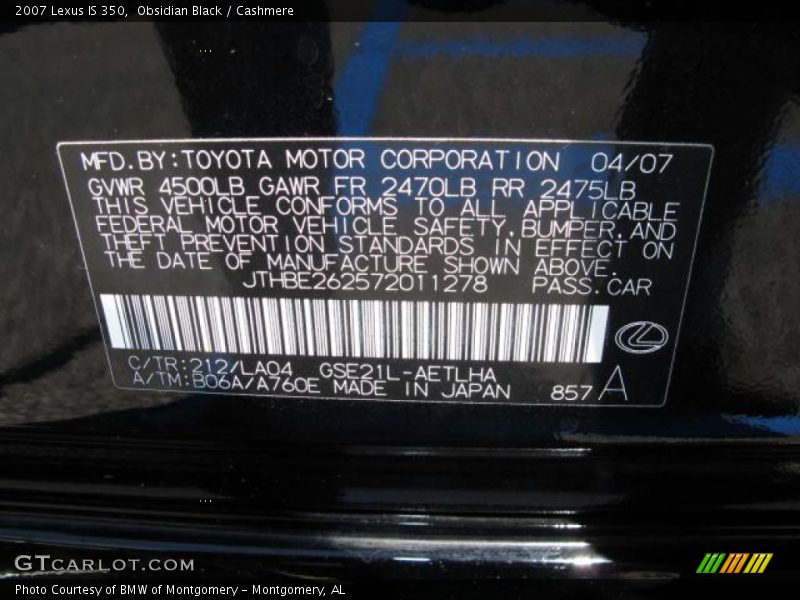 2007 IS 350 Obsidian Black Color Code 212