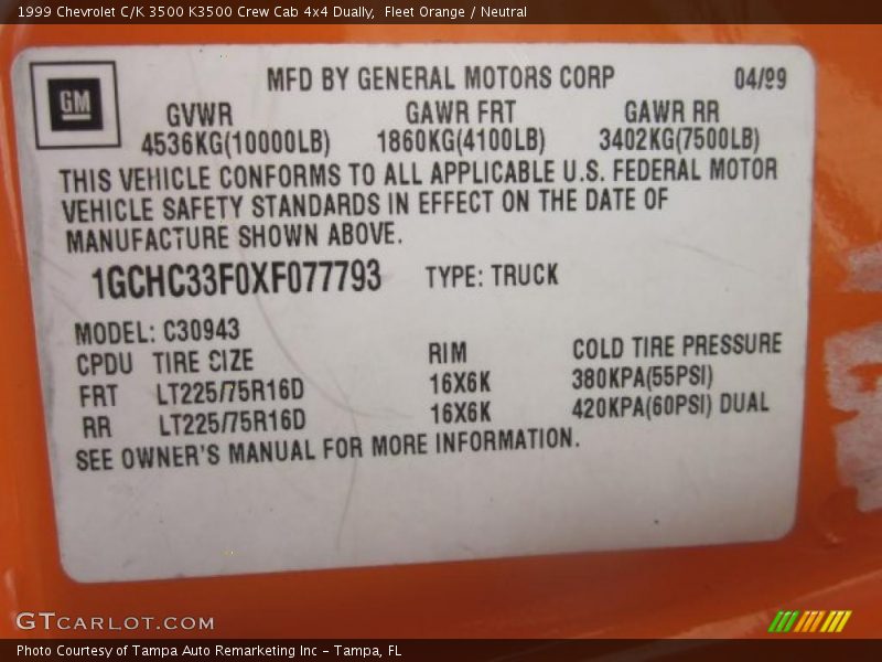 Info Tag of 1999 C/K 3500 K3500 Crew Cab 4x4 Dually