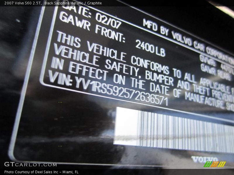 Black Sapphire Metallic / Graphite 2007 Volvo S60 2.5T