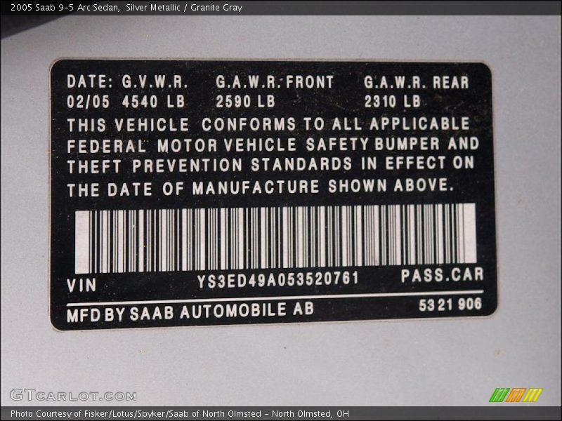 Silver Metallic / Granite Gray 2005 Saab 9-5 Arc Sedan