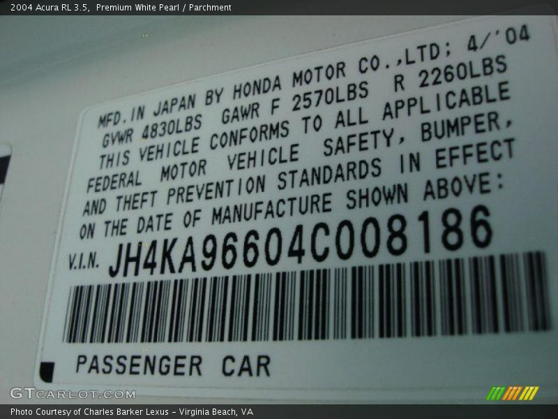 Premium White Pearl / Parchment 2004 Acura RL 3.5